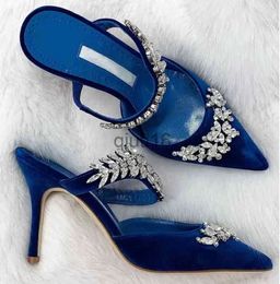 Luxury Women dress shoes pump slipper sandals strass high heel shoes Lurum Crystal-Embellished Satin Mules sexy pointed toe party wedding pumps382