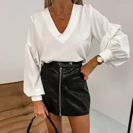 Women's Blouses Elegant Lantern Long Sleeve Loose Blouse Office Fashion Simple Solid Color Pullover Tops Women Sexy Deep V-neck Commuter