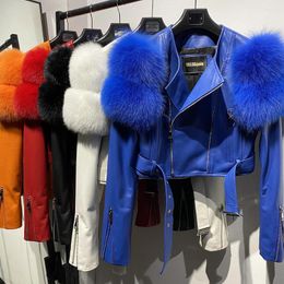 Women's Leather YOLOAgain Real Fur Sleeve Royal Blue Jacket Women Genuine Cropped Ladies