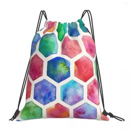 Backpack Hand Painted Watercolour Honeycomb Pattern Fashion Portable Drawstring Bags Bundle Pocket Sports Bag Book