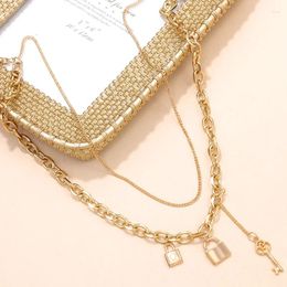 Pendant Necklaces Punk Cuban Chain Necklace Gothic Gold Colour Lock Key Pedant For Women Men Lovers Choker Jewellery Charm