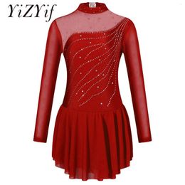 Stage Wear Figure Skating Dress For Kids Girls Rhinestone Hollow Back Ballet Gymnastics Dance Leotard Performance Costumes