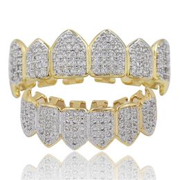 NEW Hip Hop GRILLZ Iced Out CZ Mouth Teeth Grillz Caps Top & Bottom Grill Set Men Women Vampire Grills297b