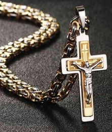 Heavy Crucifix Cross Pendant Necklace Gold Stainless Steel Male Punk Byzantine Chain Men Necklaces Jewellery Gifts6895471