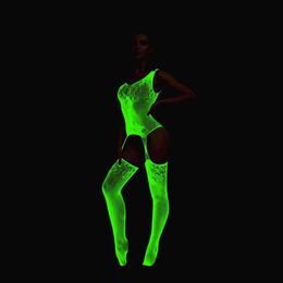 New Luminous Bodysuit Women Sexy Fishnet Hollow Out See Through Tights Lingerie Clothes Erotic Mesh Perspective Bodystockings sexy