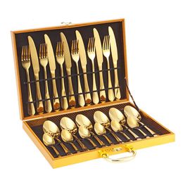 Cookware Sets 24pcs Gold Dinnerware Set Stainless Steel Tableware Fork Knife Spoon Luxury Cutlery Gift Box Flatware Dishwasher Safe 231211