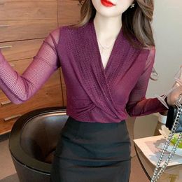 Women's Blouses Fashion Mesh Bottoming Blouse Women Sexy V Neck Shirts Long Sleeve Woman Tops Slim Office Female Clothing 30024