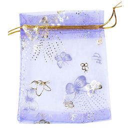 10x12cm 100pcs lot Purple Butterfly Print Wedding Candy Bags Jewellery Packing Drawable Organza Bags Party Gift Pouches306z