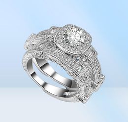 2 Pieces Ring Set 4Prong Settings 18k White Gold Filled Couple Rings Womens Mens Jewelry Wedding Bridal Accessories Size 67895355703