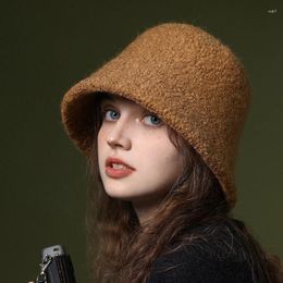 Berets Autumn Lamb Wool Bucket Hat Winter Warm Hats For Women Lady Thicken Flat Top Cap Windproof Panama Outdoor Fisherman Caps