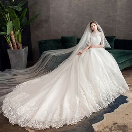 Urban Sexy Dresses Lace Embroidery Wedding Dress With Big Train 2023 High Neck Half Sleeve Gown Vintage Bridal 231212