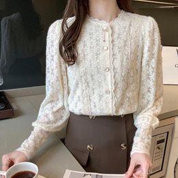 Women's Blouses Long Sleeve Floral Lace Blouse Women Casual Loose Shirt Button Up Woman Tops Bottoming Female Clothing 30021