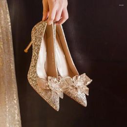 Dress Shoes French Crystal Sequins Silver High Heels Women's 2023 Bow Wedding Shoe Main