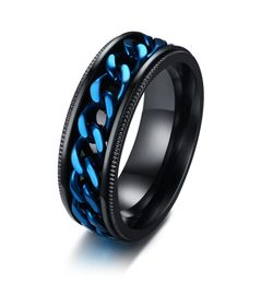 Engrave Black Stainless Steel Spinner Band Rings Decorated Edges and Rotating Center Chain Links Ring1871647