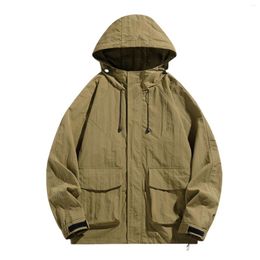 Men's Jackets Vintage Casual Cargo Jacket Early Spring Outdoor Windproof Outwear Versatile Hoodies Drawstring Zipper Pocket Coat