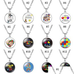 Pendant Necklaces New Kids Autism Awareness Necklaces For Children Boys Girls Glass Cabochon Puzzle Pendant Necklace Fashion Inspirati Dh2Gy