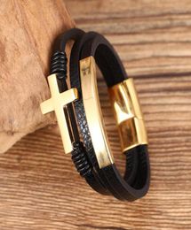 Punk Fashion Bangles Black Initial Stainless Steel Woven Handmade Leather Bracelet Charms Golden Mens Letter Jewelry11458819