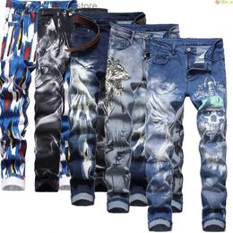 Men's Jeans Plus Size Men's Jeans 3D Digital Print Stretch Denim Pants Blue Black White Trousers Men Fashion Slacks 28-34 36 38 40 42 Q231213