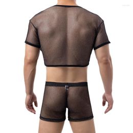 Men's Tank Tops Mens See Through Top Set Gay Sexy Underwear Breathable Fishnet Nightclub Wear U Pouch Men Sissy Lingerie