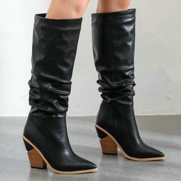 Boots 2023 High Quality Knee Length Women Pointed Toe Chunky Heel Pleated Decorative Western Loose Winter