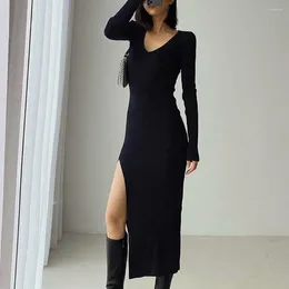 Casual Dresses Women Slit High-waist Dress Solid Colour Elegant V-neck Knitted Maxi With Side Split Hem High Waist For