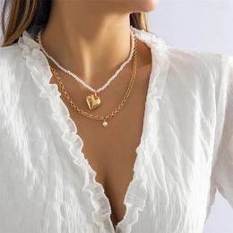 Pendant Necklaces 2023 Boho Vintage Gold Colour Faux Pearl Chain Necklace For Women Fashion Multilevel Wild Metal Heart Jewellery Gift