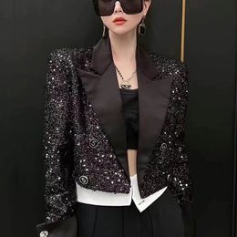 Womens Suits Blazers Elegant Sequined Blazer Women Spring Autumn Vintage Notched Long Sleeve Crop Jacket Black Coat Mujer 231212