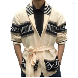 Men's Sweaters Autumn Winter Men Thicken Jacquard Knitted Cardigan Coat Vintage Turndown Collar With Waistband Thick Needle Sweater