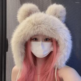 Berets Women Winter Warm Kawaii Fur Imitation Mink Plush Hat Thickened Cute Bear Ear Japanese Bomber Protection Cosplay Cap