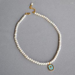 Pendant Necklaces Blue Enamel Coconut Palm Tree Irregular Freshwater Pearl Fashion Temperament Necklace Collarbone Chain Female