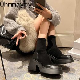 warmer High Platform Women's Ankle Boot for Winter Fashion Slip On Square Heel Short Booties Punk Style Shoes