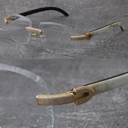 2022 New Rimless Micro-paved Diamond set Frames White Inside Black Buffalo Horn Eyewear Glasses Male and Female 18K Gold Frame gla308y