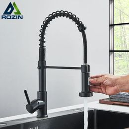 Kitchen Faucets Rozin Matte Black Faucet Deck Mounted Mixer Tap 360 Degree Rotation Stream Sprayer Nozzle Sink Cold Taps 231211