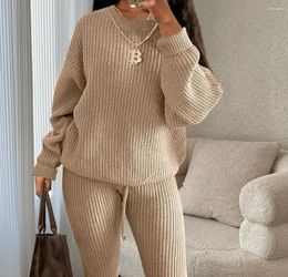 Women's Two Piece Pants Sets Women Clothing 2023 Autumn/winter Fashion Casual Solid Round Neck Pullover Loose Pit Knitted Sweater Suits
