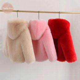 Hoodies Sweatshirts Fashion Baby Girl Faux Fur Jacket With Hat Infant Toddler Child Warm Fluffy Coat Winter Long Sleeve Outwear Clothes 1 10Y 231211