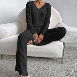 Women's Two Piece Pants Lady Top Trousers Set Ribbed Knit Pajama Cozy Knitted Sweater Stylish V Neck Loose Fit Elastic For Fall/winter