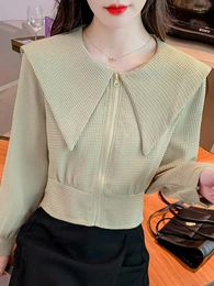 Women's Blouses Fashion Zipper Chiffon Shirt Autumn 2023 Korean Edition Foreign Style Small Short Fit Slim Long Sleeve Top