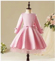 Girl Dresses Pink Satin Lace Dress Evening Party Princess Gowns Long Sleeve Flower For Wedding Kids First Communion Gown