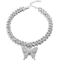 Chokers Big Butterfly Necklace Pendent Cuban Link Chain For Women Iced Out Rhinestone Choker Bling Hip Hop Jewellery Accessories2291