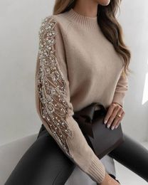 Women's Blouses Sweater For Women 2023 Winter Contrast Sequin Beaded Sheer Mesh Patch Knit Solid Long Sleeved Pullover Tops
