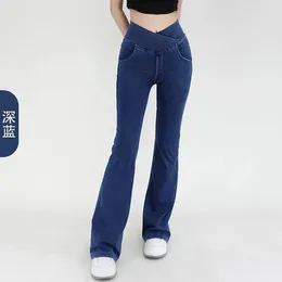 Women's Jeans Autumn And Winter Fashion Sexy Cross Waist Slim Yoga Flared Pants High Elastic Hip Double Pocket Sweatpants