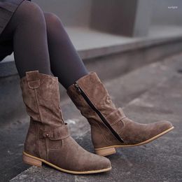 Dress Shoes Winter Warm Women Boots Zipper Suede Buckle Vintage Lady Mid-Calf Boot Thick Low Heel Female Pumps For 2023