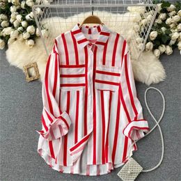 Women's Blouses Spring And Autumn Mid Length Vertical Stripe Multicolor Shirt Coat Button Comfortable Casual Loose Top