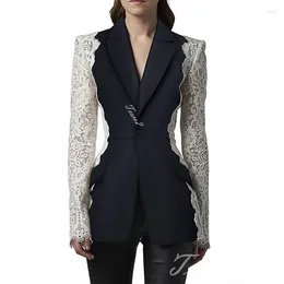 Women's Suits Tesco Fashion Suit Blazer Single Button Hollow Out Full Sleeve Contrast Colour Lace Patchwork Jacket Female Coat