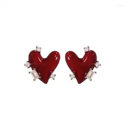 Stud Earrings Retro Wine Red Heart Sweet Simple Crystal Love Earring Fashion Woman Jewellery Aretes De Mujer Gift