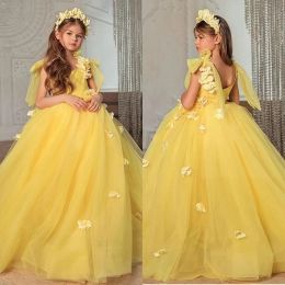 Elegant Yellow Long Flower Girl Dresses Jewel Neck Sleeveless with Handmade Flowers Ball Gown Floor Length Custom Made Birthday Party Gowns