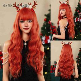 Synthetic Wigs HENRY MARGU Orange Wavy Wigs with Bangs Long Natural Synthetic Hair Orange Curly Wigs for Women Heat Resistant Fibre Daily WearL240124