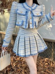 Two Piece Dress Autumn Winter Small Fragrance 2 Piece Sets Women Tweed Long Sleeve Short Jacket Coat Tassel Wool Pleated Mini Skirt Suits 231212