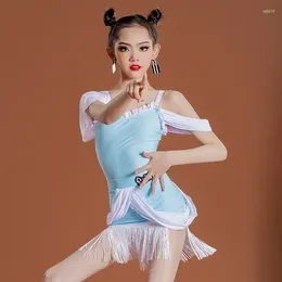 Stage Wear Summer Kids Latin Dance Clothes Girls Blue Fringe Dress Performance Costume Cha Rumba Samba Tango Suit JL5343