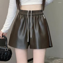 Women's Shorts Autumn Pu Leather Biker Women Elastic Waist A-line Wide Leg Short Femme Womens Clothing Pantalones Cortos De Mujer